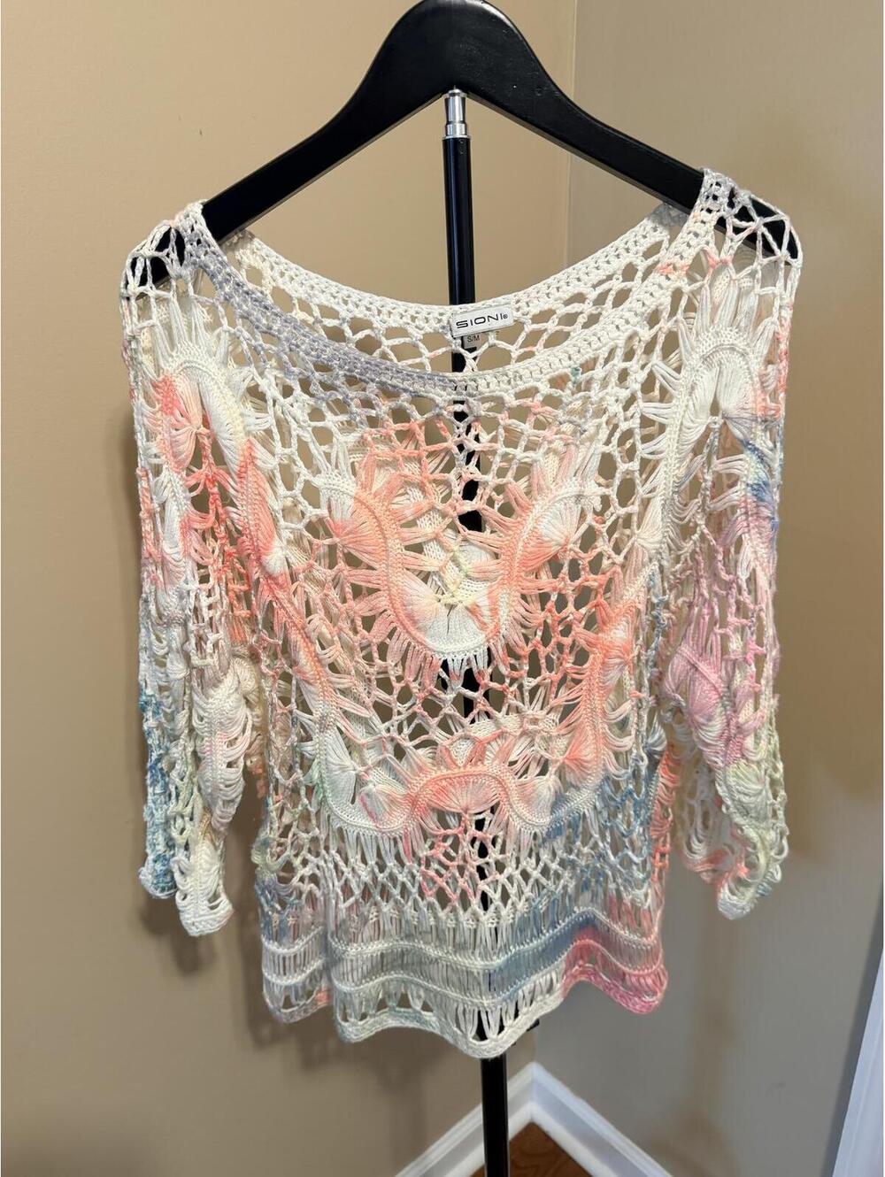 Sioni Crochet Mesh Sweater Cover Up Pastel Open Knit Boho S/M